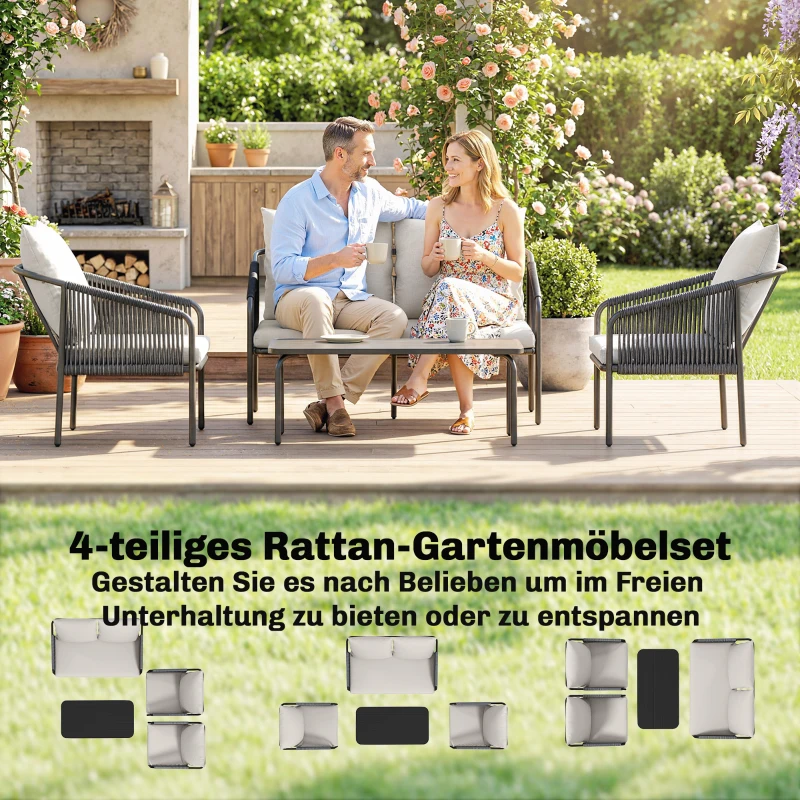 Outsunny Gartenmöbel Set 4-teilig Polyrattan Lounge-Set mit Zweisitzer 2 Sessel Couchtisch abnehmbar Kissen Bindebändern