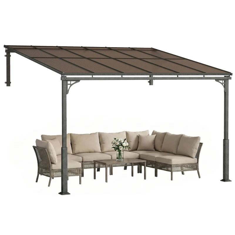 Outsunny 3.4 x 3 m Metal Lean-to Pergola, Wall-Mounted Garden Pergola with Polycarbonate Roof and Metal-Aluminium Frame, Heavy Duty Hardtop Gazebo for Outdoor Patios, BBQ, Brown