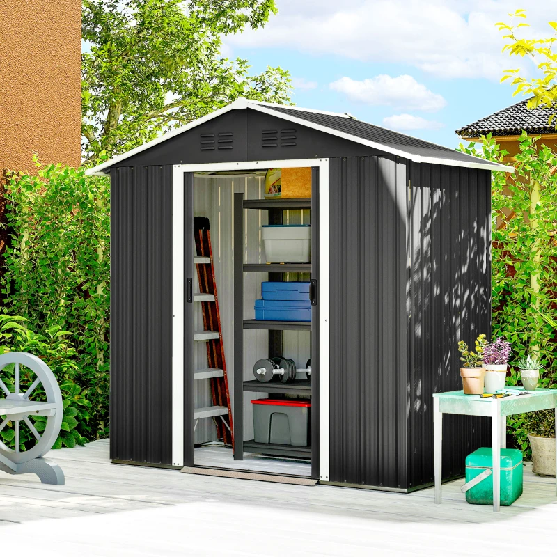 Outsunny Cobertizo de jardín metálico gran espacio de almacenamiento exterior con puertas correderas 194 x 107 x 191 cm gris oscuro