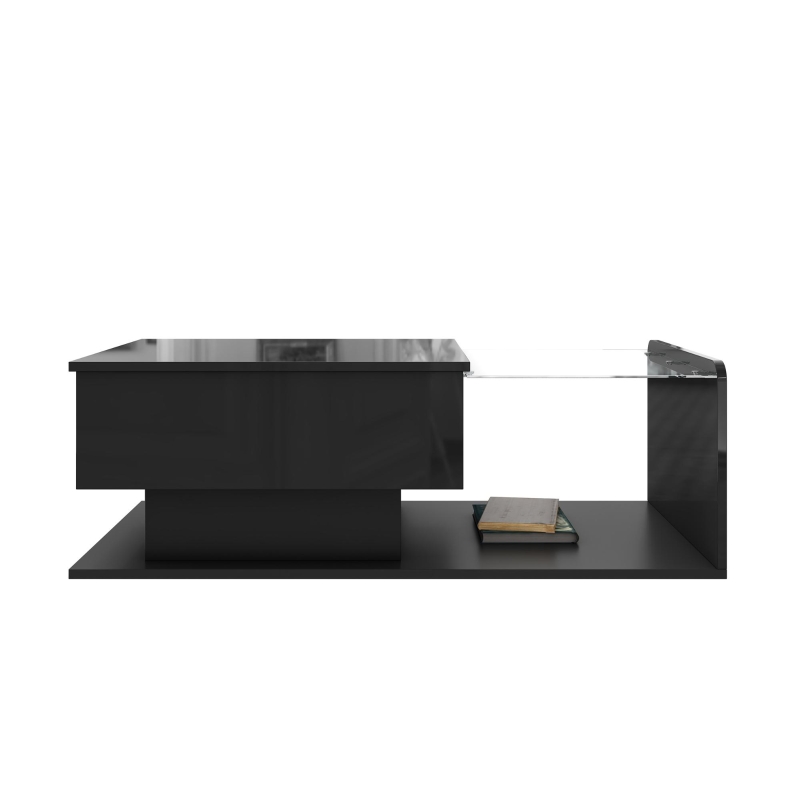 Tavolino da salotto regolabile in altezza, con piano in vetro e striscia LED, 100x50x33-47.5 cm, Nero