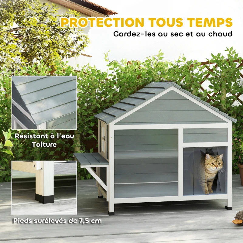 PawHut Maison pour Chat Extérieur Toit Ouvrant Fenêtre Panoramique Porte à Lamelles et Plateforme de Repos 101x72,5x81cm Gris