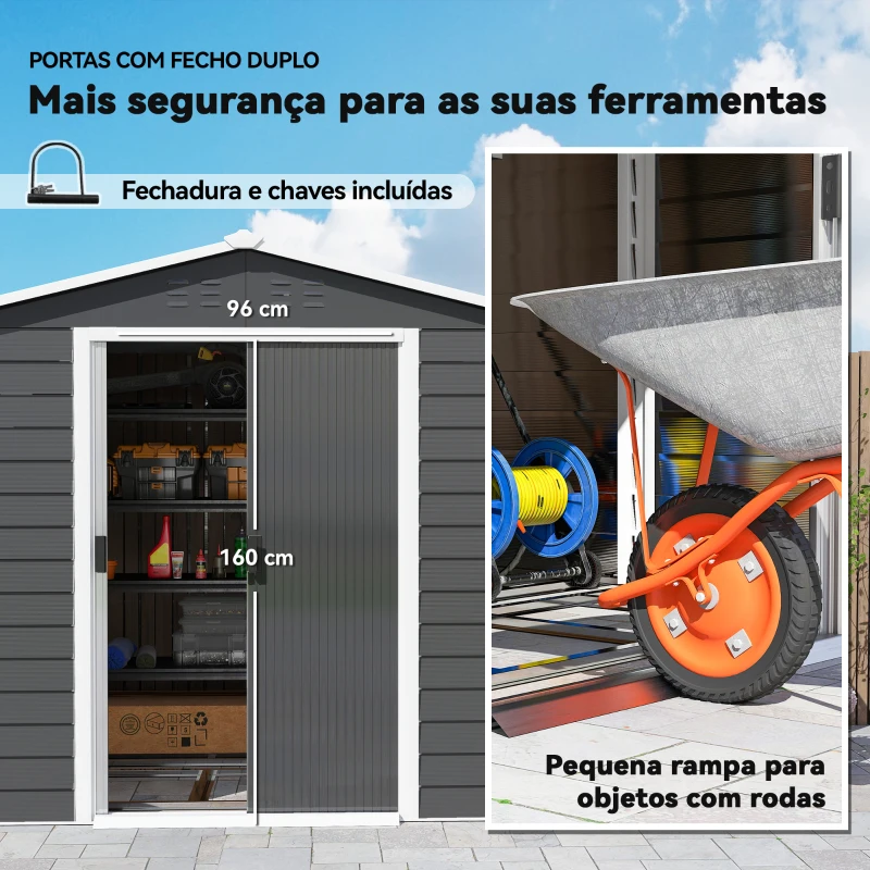 Outsunny Abrigo de Jardim 4,4 m² 240x206x198 cm Abrigo de Jardim com Porta de Correr e Fechadura Cinza Escuro