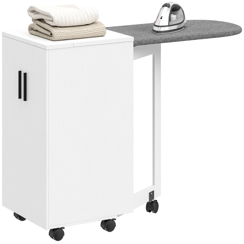 HOMCOM Meuble à repasser 2 en 1, table à repasser pliante sur roulettes avec étagère réglable et charnières, blanc