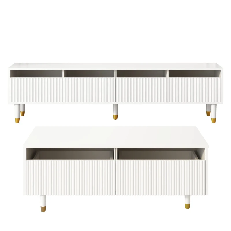 Set 2 mobili contenitore a LED con 4 ante e 2 cassetti, 178x35x45 e 110x50x40 cm, Bianco