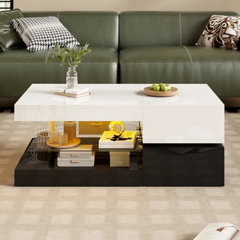 Table basse avec éclairage d'ambiance LED, étagère en verre & surface laquée brillante, 90x45x35,5 cm, Blanc+Noir