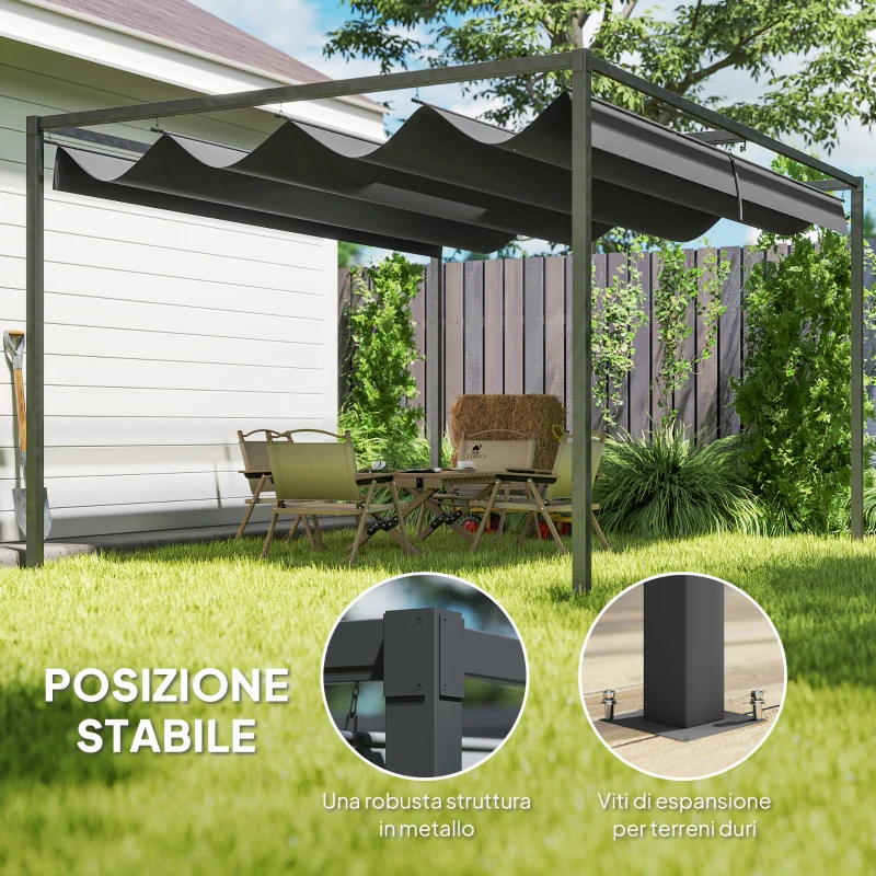 Outsunny Pergola Gazebo da Esterno 3x2.1 m con Tettuccio Retrattile in Metallo e Poliestere, Nero