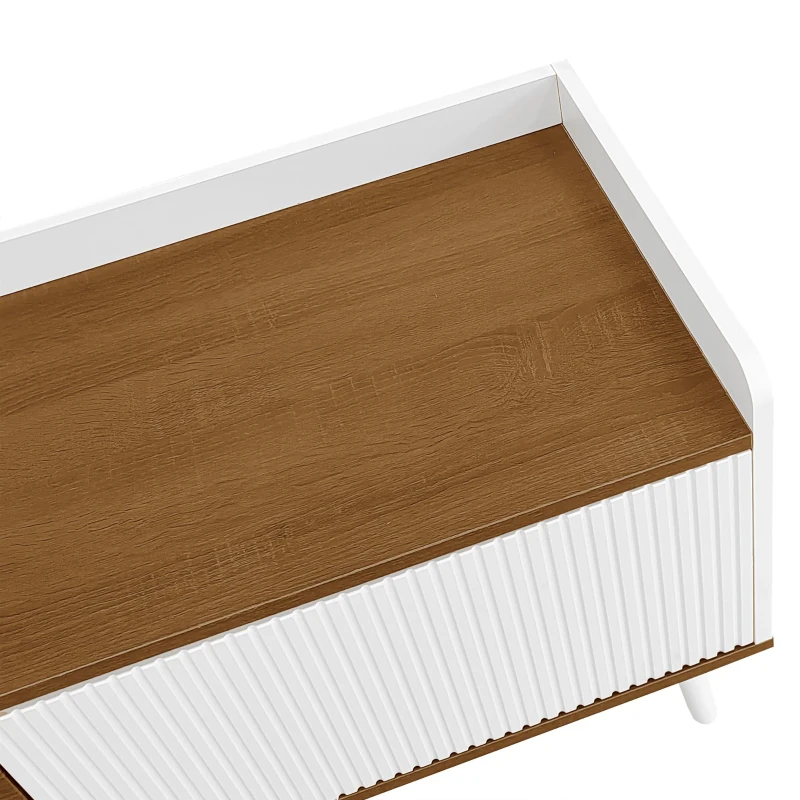 Meuble TV à 3 portes, pieds en bois et rebord surélevé, 160x39x49,5 cm, Couleur naturelle+Blanc