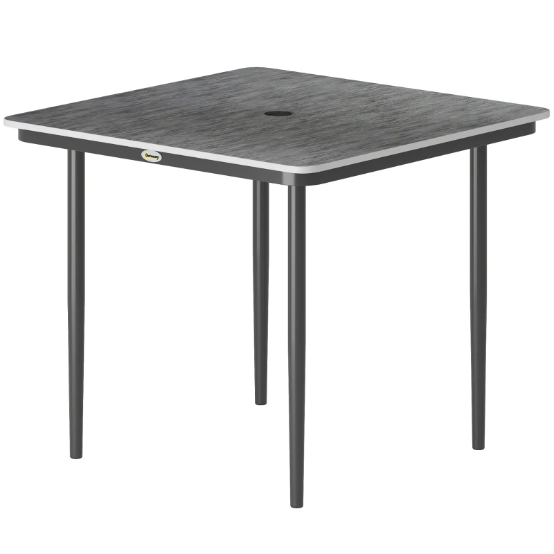 Outsunny Garden Dining Table for 4, 85 cm Square Outdoor Table with Umbrella Hole, Faux Wood Top, Metal Legs, Dark Grey