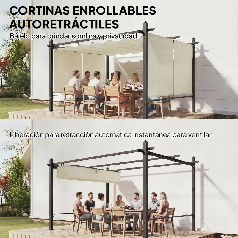 Outsunny Pérgola de Jardín 4x3 m con Cortinas Enrollables Automáticas y Techo Retráctil Cenador de Jardín con UPF50+ Crema