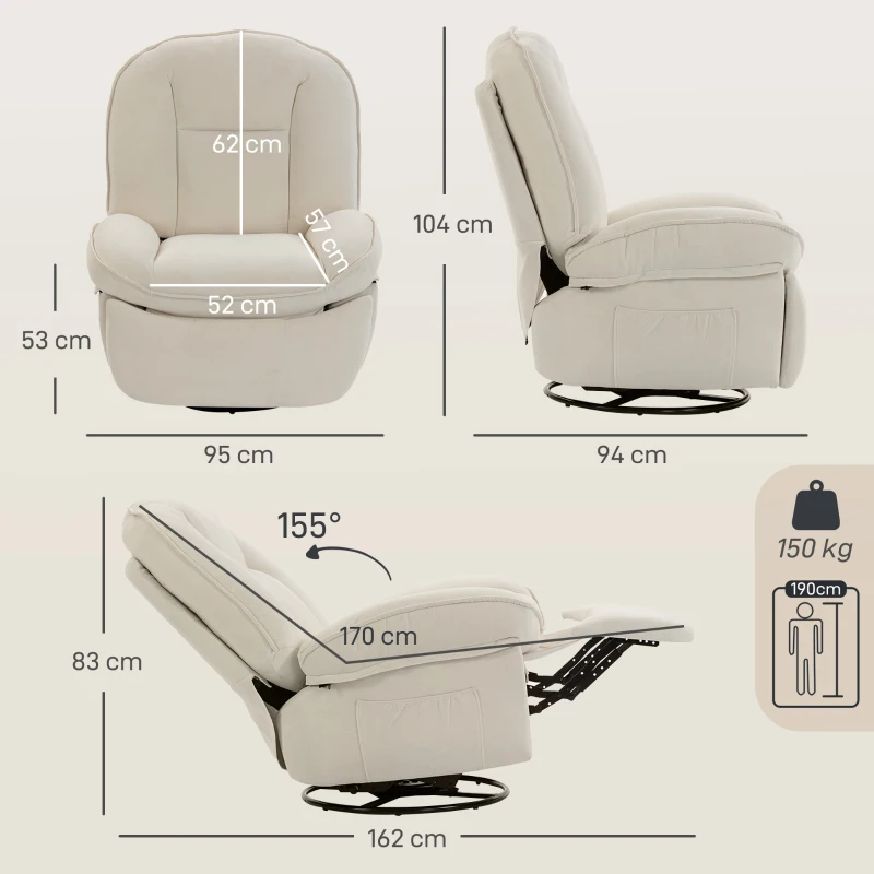HOMCOM Sillón relax, sillón giratorio con función de balanceo y reclinable, asiento profundo, respaldo grueso, montaje fácil, crema