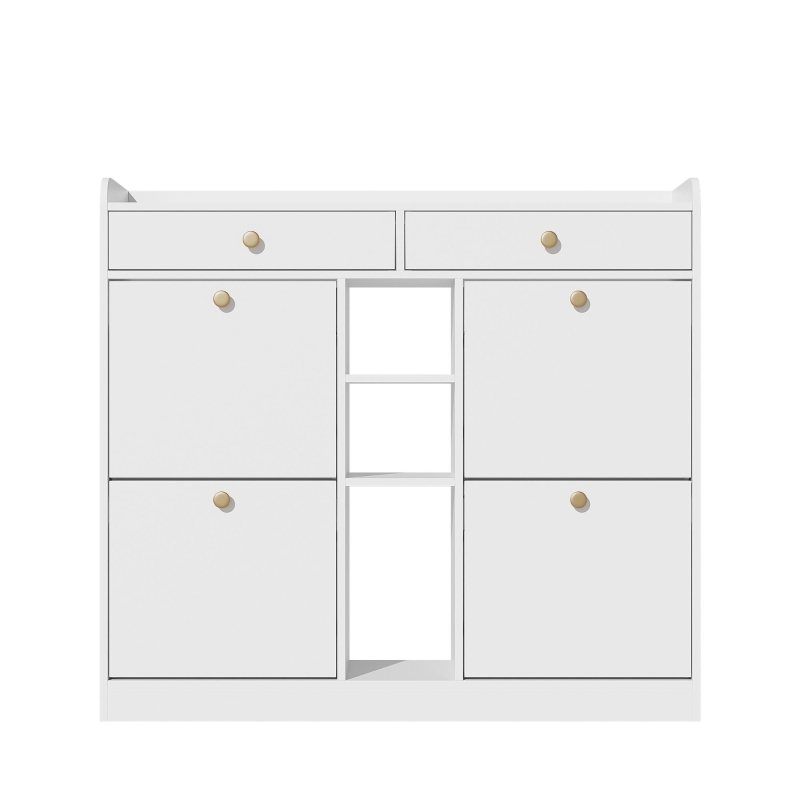 Mobile scarpiera con 4 ante a ribalta, 2 cassetti e 3 ripiani aperti, 110x26x100 cm, Bianco