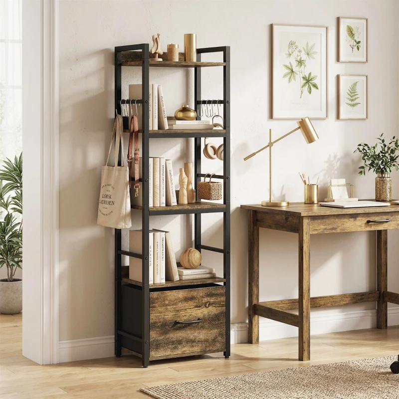 HOMCOM Libreria stretta a 4 livelli con cassetto e 8 ganci, 39x26x136,5 cm, Marrone rustico