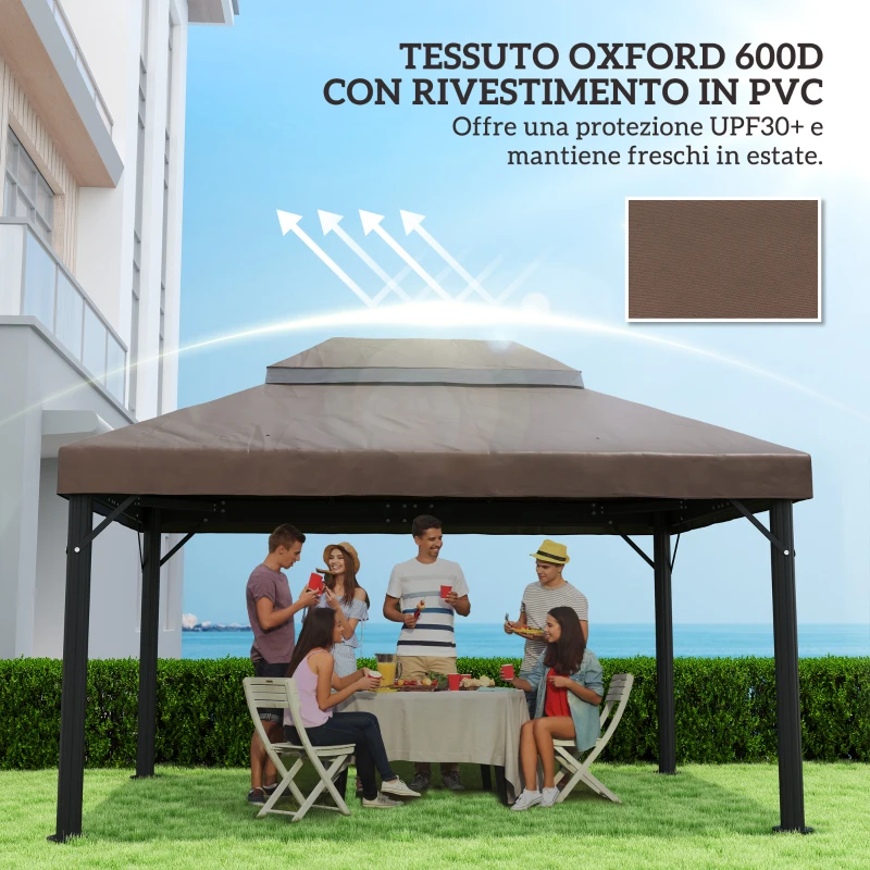 Outsunny Copertura per Gazebo da Giardino 3x4 m a 2 Livelli in Tessuto Oxford 600D con Fori di Drenaggio, Caffè