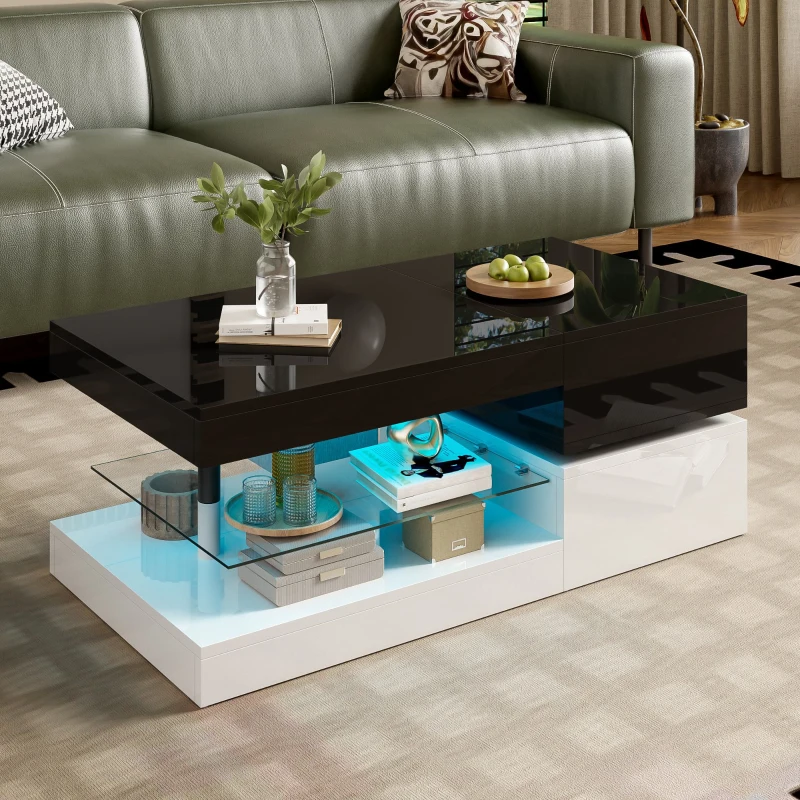 Table basse avec éclairage d'ambiance LED, étagère en verre & surface laquée brillante, 90x45x35,5 cm, Noir+Blanc