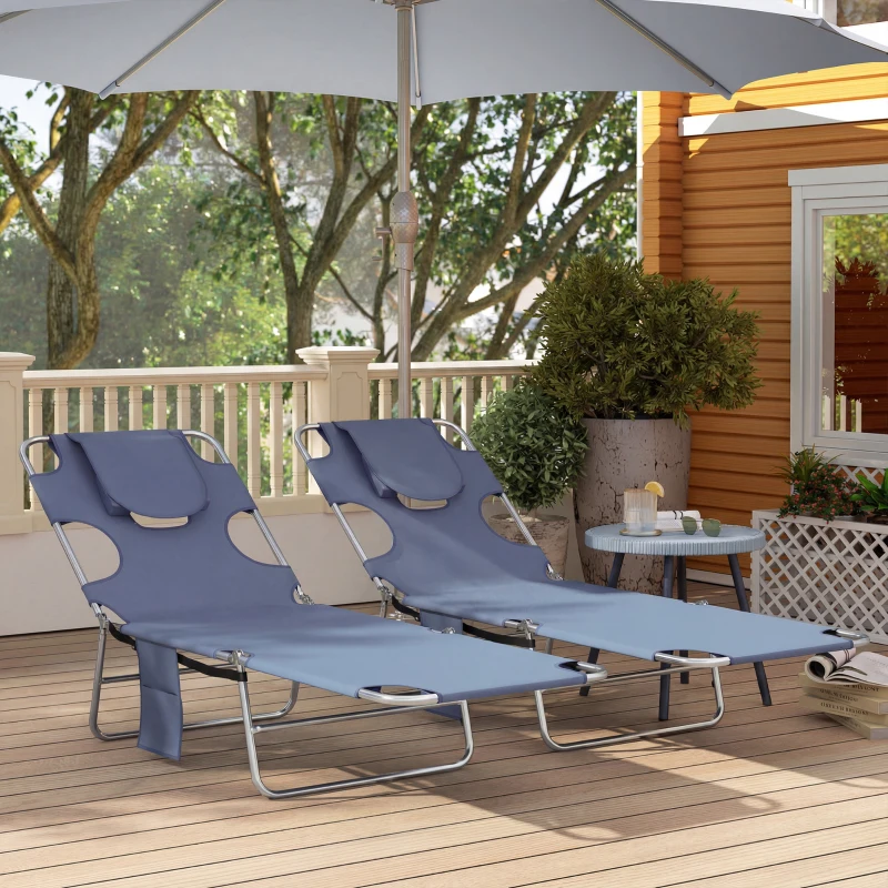 Outsunny 5-Position Adjustable Sun Loungers Set of 2 with Reading Hole and Side Pocket, Grey