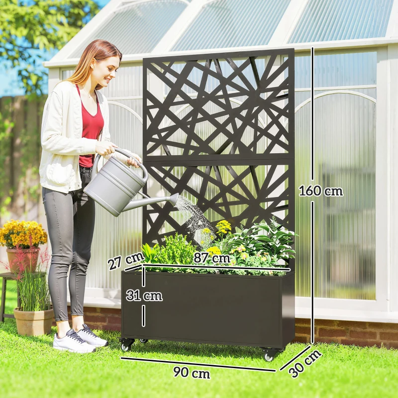 Outsunny Jardinera con Enrejado para Trepadoras con Ruedas y Orificios de Drenaje, de Metal, 90x30x160 cm, Negro