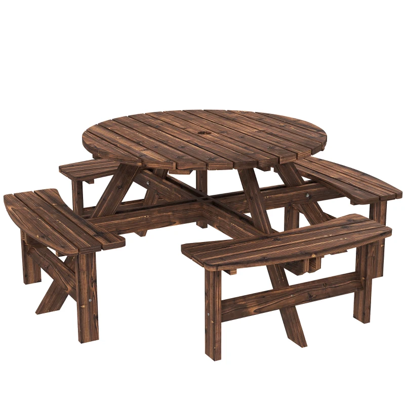 Outsunny Wooden Garden Dining Set, 8 Seater Patio Furniture Set with Round Picnic Table, Parasol Hole for Outdoor Garden, Tan