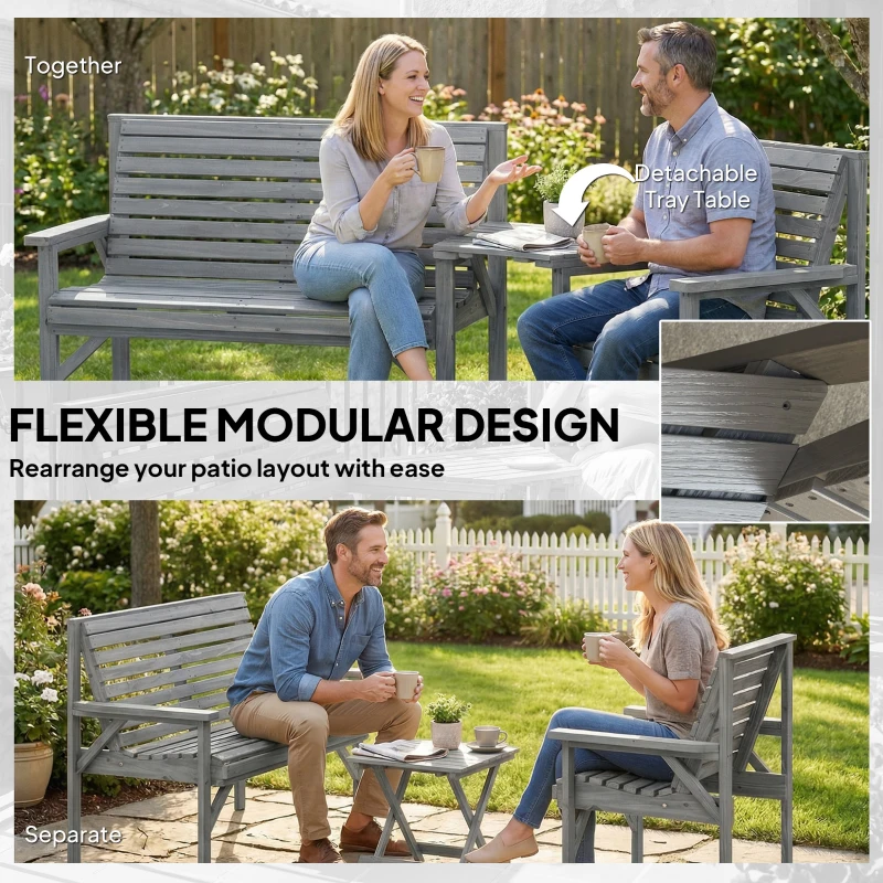 Outsunny Wooden Garden Furniture Set with Parasol Hole, 1 Chair, 1 Bench and Detachable Table, Grey Embossed Finish