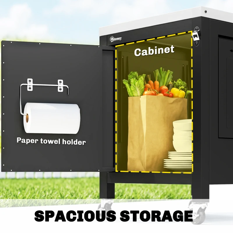 Outsunny Outdoor Grill Cart with Stainless Steel Tabletop, BBQ Table with a Cabinet, Towel Holder, Bottle Opener, Black