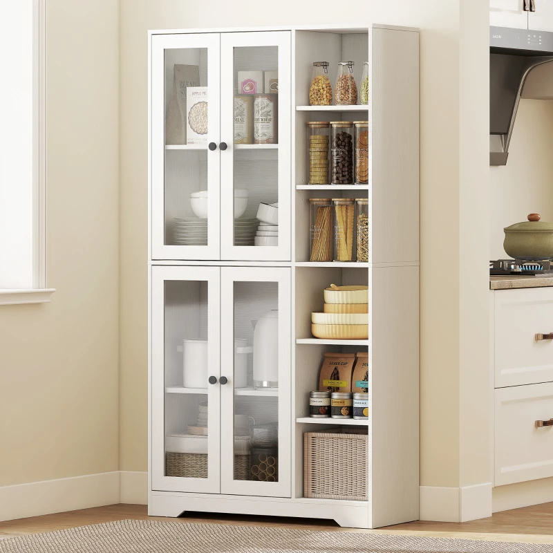 HOMCOM Keukenkast met glazen deuren, planken, open vakken, 172 cm hoog, MDF, Wit(m-10)