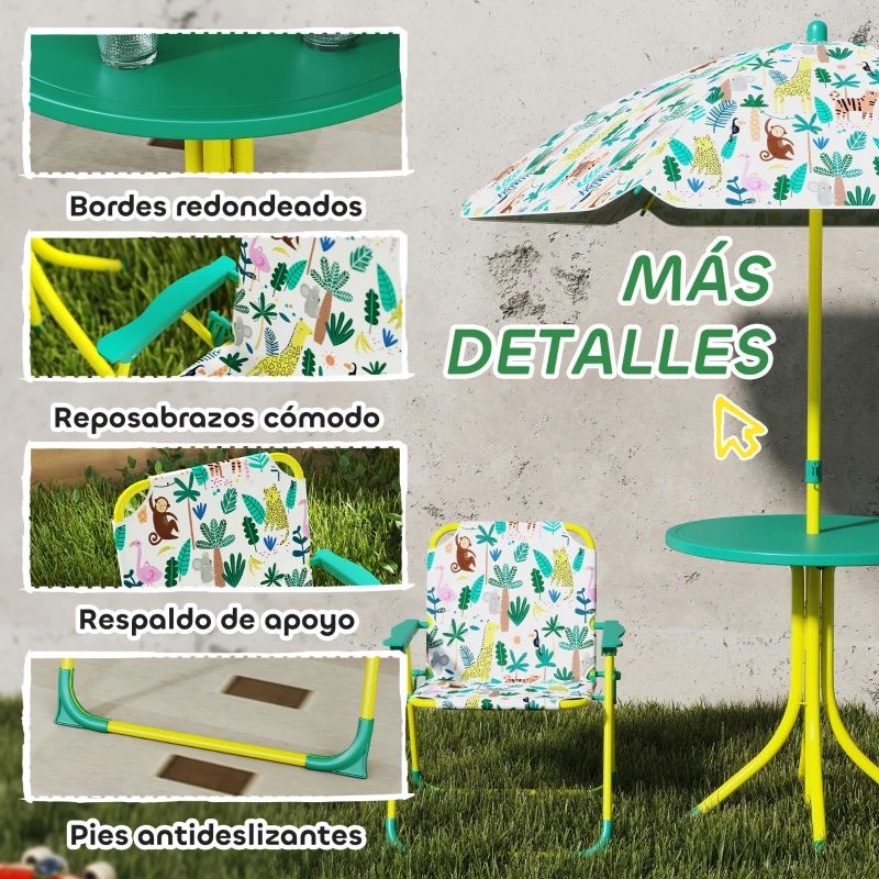AIYAPLAY Conjunto de Mesa y Sillas Infantil de Jardín de 4 Piezas Sillas Plegables Sombrilla Desmontable Diseño de Jungla Verde