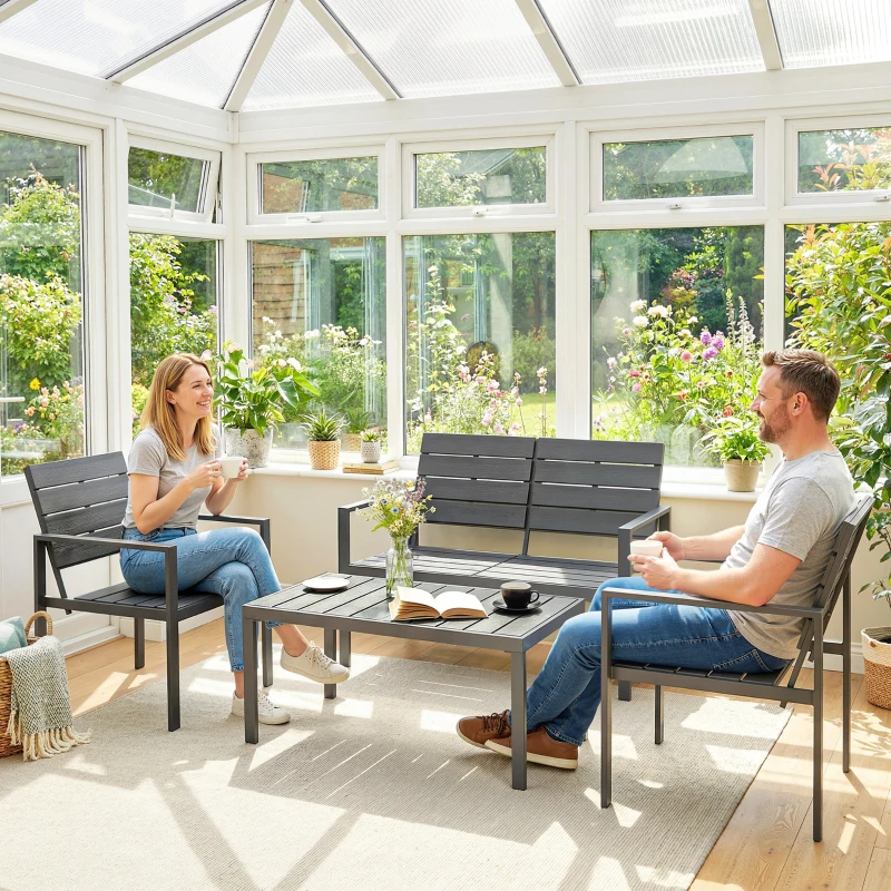 Outsunny 4 Piece Garden Furniture Set, Outdoor Sofa Set with HDPE Slatted Loveseat Armchairs Coffee Table Metal Frame, Dark Grey