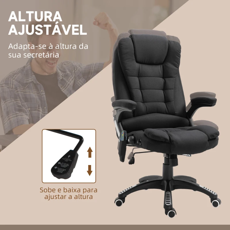 Vinsetto Cadeira para Secretaria c/ 6 Pontos de Massagem Reclinável até 130° com Aquecimento Preto
