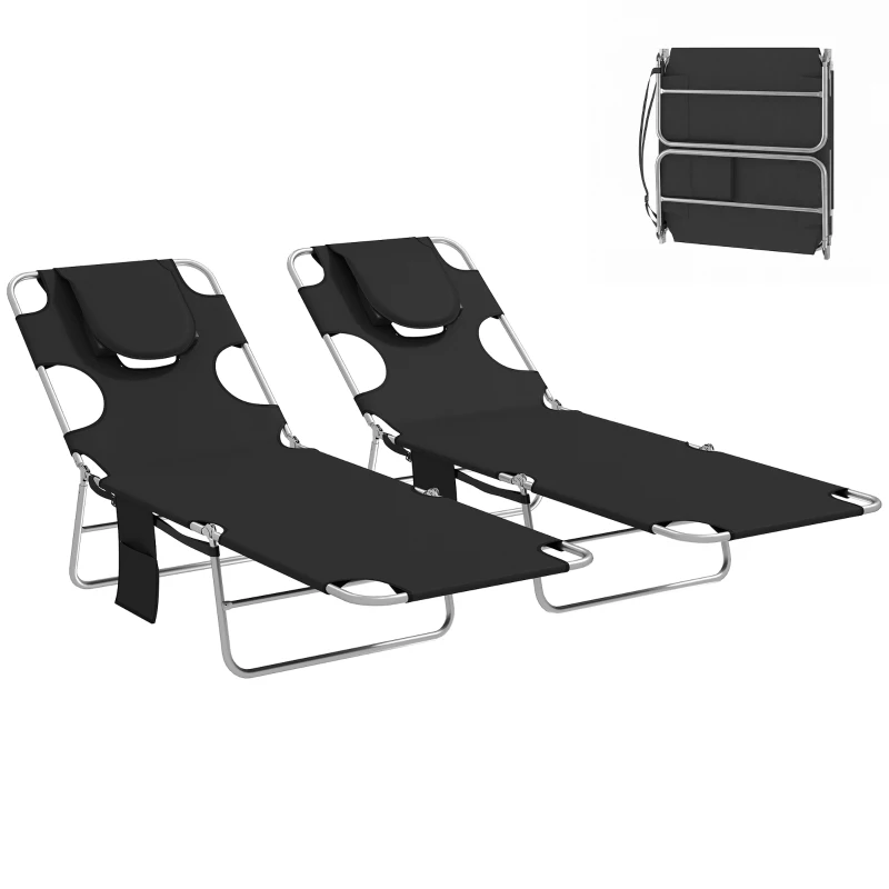 Outsunny 5-Position Adjustable Sun Loungers Set of 2 with Reading Hole and Side Pocket, Black