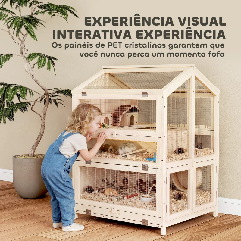 PawHut Gaiola para Hamster de Madeira de 3 Níveis com Bebedouros Casotas Baloiços Bandeja Amovível e Tampas Rebatíveis Natural
