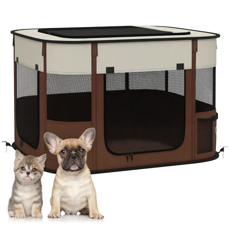 PawHut Parque para Mascotas con 6 Ventanas, 3 Puertas y 2 Bolsillos Portaobjetos, Poliéster y Acero, 74x60x45 cm, Marrón