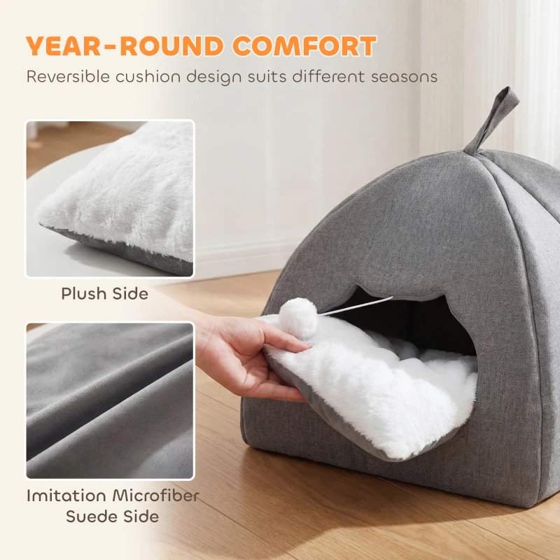 PawHut Cat Cave Bed for Indoor Kittens, Cat House with Removable Cushion and Teaser Ball, Kitty Igloo with Anti-Slip Base, 42 x 42 x 39 cm, Grey