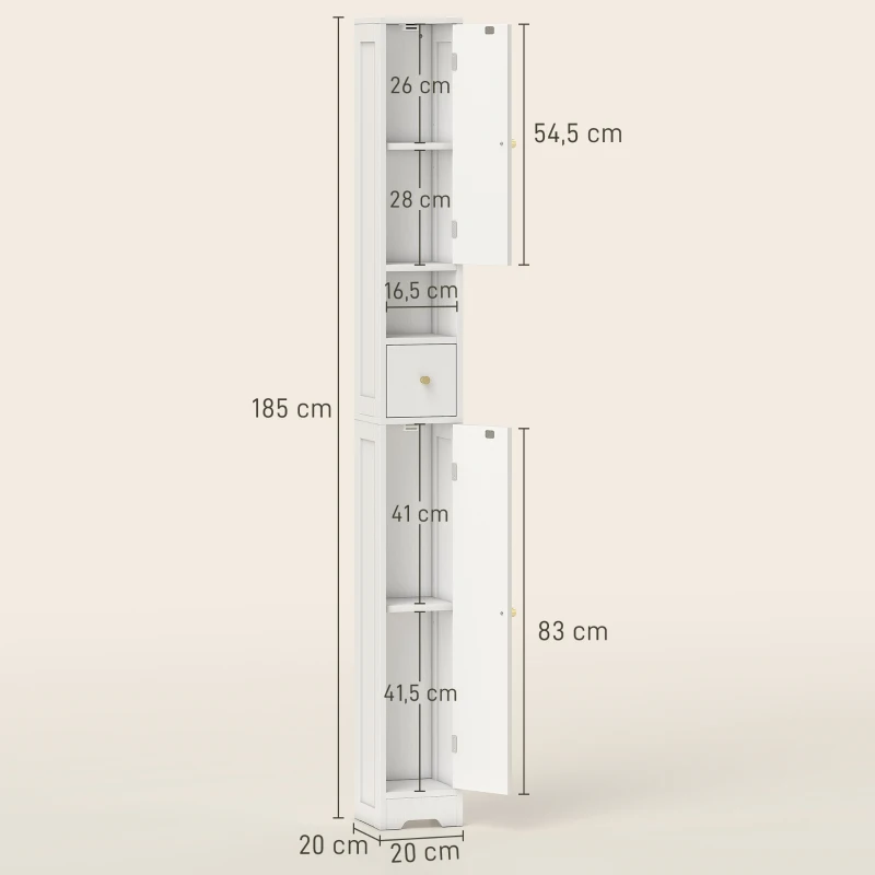 HOMCOM Móvel coluna para casa de banho, móvel de arrumação, 2 portas, gaveta, compartimento aberto, prateleira regulável, branco