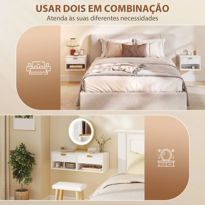 HOMCOM Conjunto de Mesas de Cabeceira Flutuantes com Gaveta Estriada e Prateleira Aberta 40x30x25 cm Branco