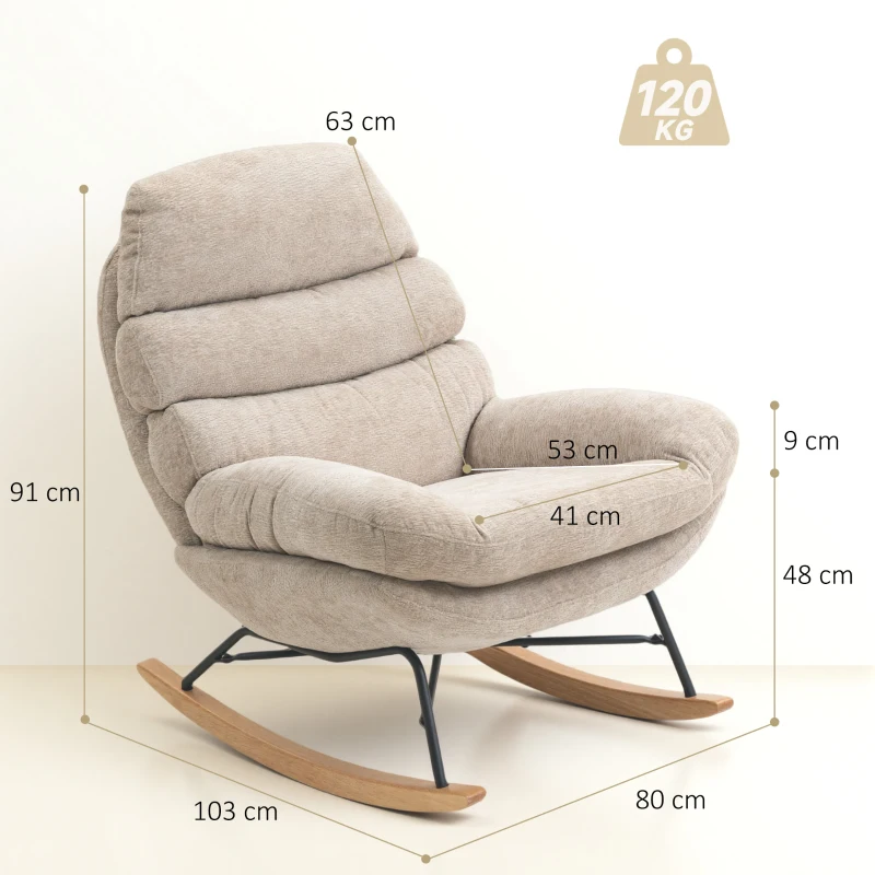 HOMCOM Sillón mecedor acolchado con patas de acero y patines de madera, blanco crema