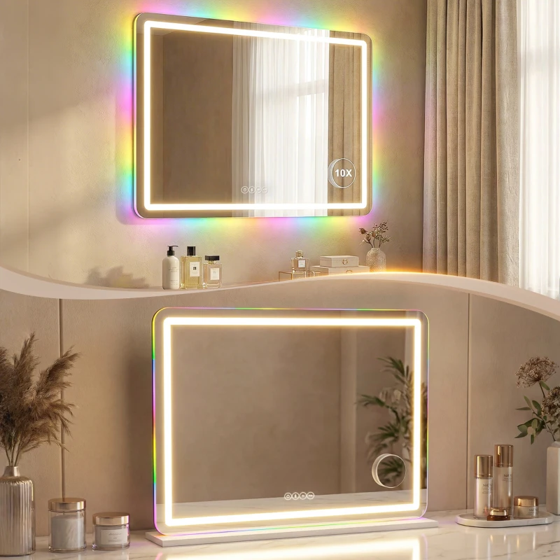 HOMCOM Beleuchteter Schminkspiegel 80x60cm, dimmbarer LED-Schminktischspiegel, RGB-Licht, 3 Farbtemperaturen, Weiß