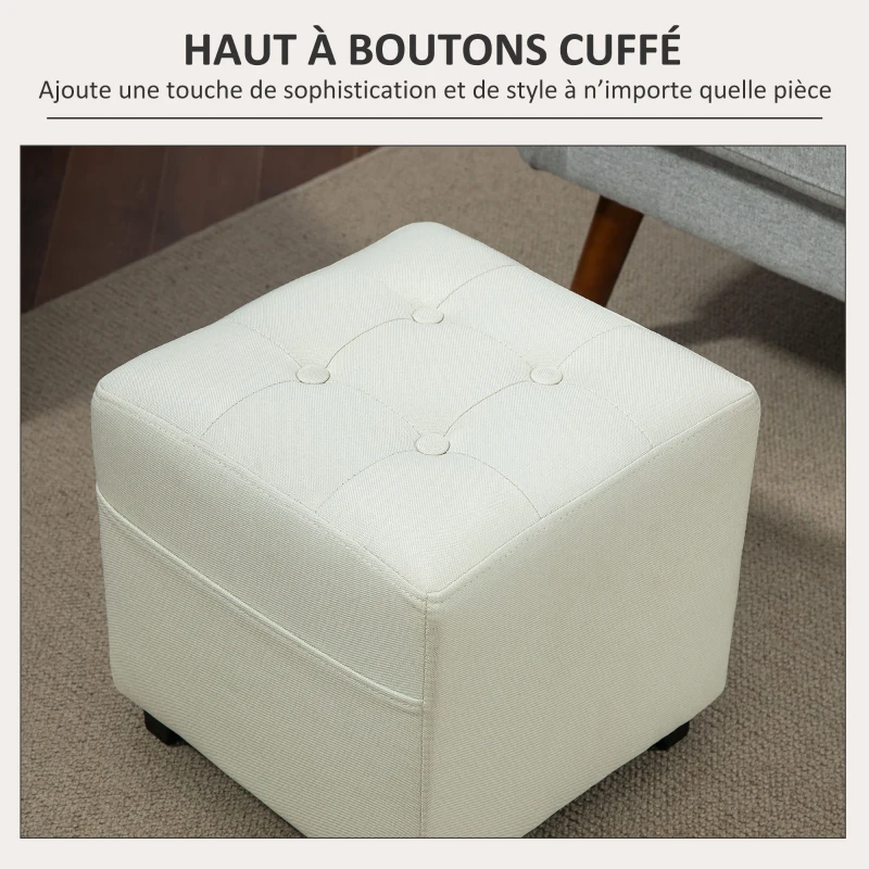HOMCOM Fußhocker für Wohnzimmer, Ottoman, gepolsterter Sitz mit Steppung in Leinenoptik mit Seitentasche, 35 x 35 x 35 cm, Creme