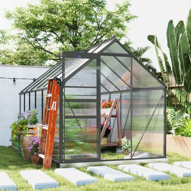 Outsunny Invernadero de jardín en policarbonato y aleación de aluminio con base, invernadero con ventana regulable y puerta corredera 190x375x199cm
