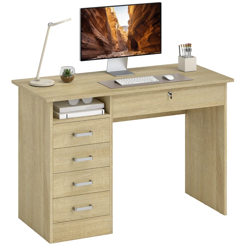 HOMCOM Escritorio moderno con 5 cajones, gran superficie, 1 compartimento abierto, cajón con cerradura, 110 x 50 x 76 cm, roble
