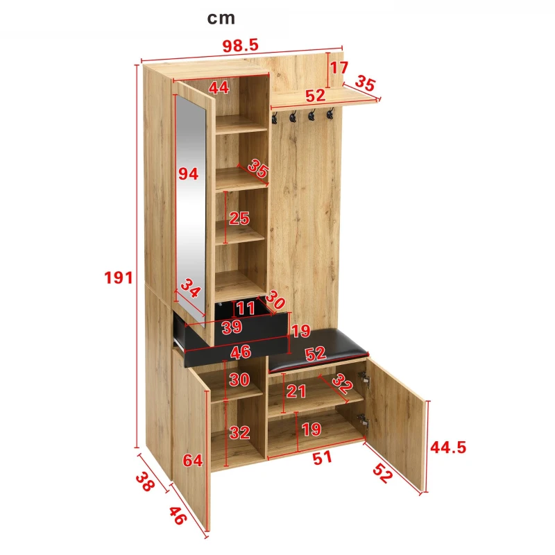 Ensemble vestiaire avec 5 crochets, miroir, meuble à chaussures et placard encastré, 98,5x38x191 cm, Couleur naturelle