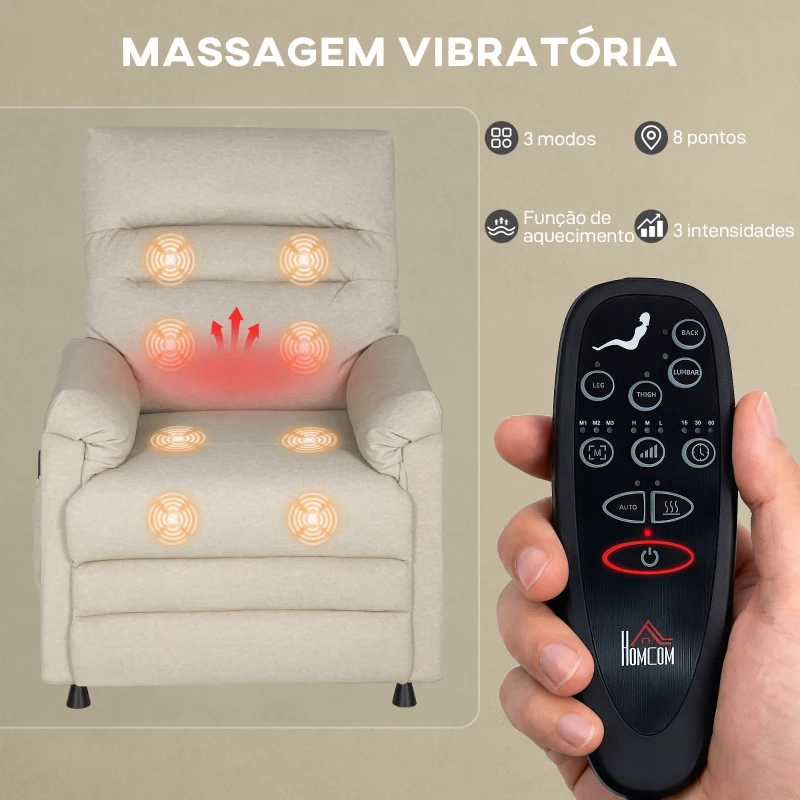 HOMCOM Poltrona Relax com Aquecimento Lombar e Massagem por Vibração Reclinável USB e Função de Memória  82x99x106 cm Bege