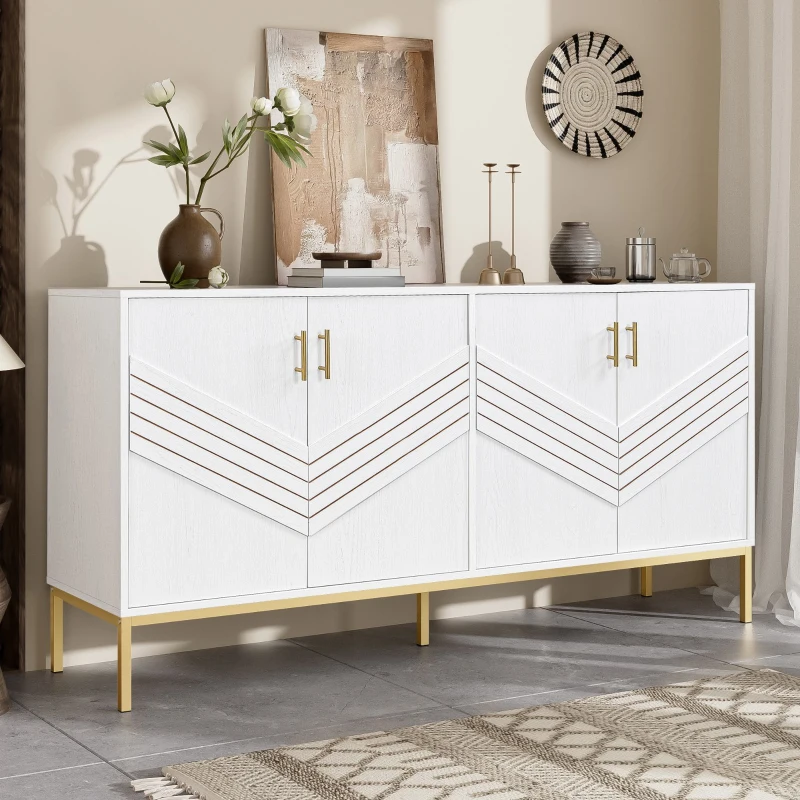 Credenza moderna con 4 ante e ripiani regolabili in altezza, in MDF, 160x40x80,5 cm, Bianco