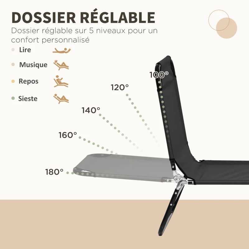 Outsunny Lot de 2 bain de soleil, chaise longue pliante avec dossier inclinable sur 5 positions, structure en acier, noir