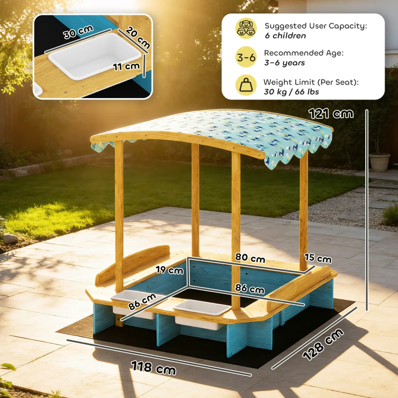 AIYAPLAY Sabbiera in legno con tetto, 3 panchine e 2 cassette, 128x118x121 cm, Blu