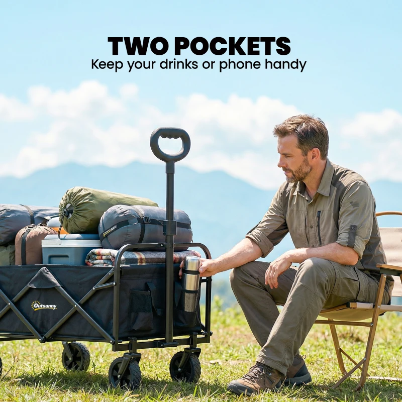 Outsunny Carrito de jardín 72 L plegable con mango regulable, en acero y tejido Oxford, 114x46x92 cm, Negro