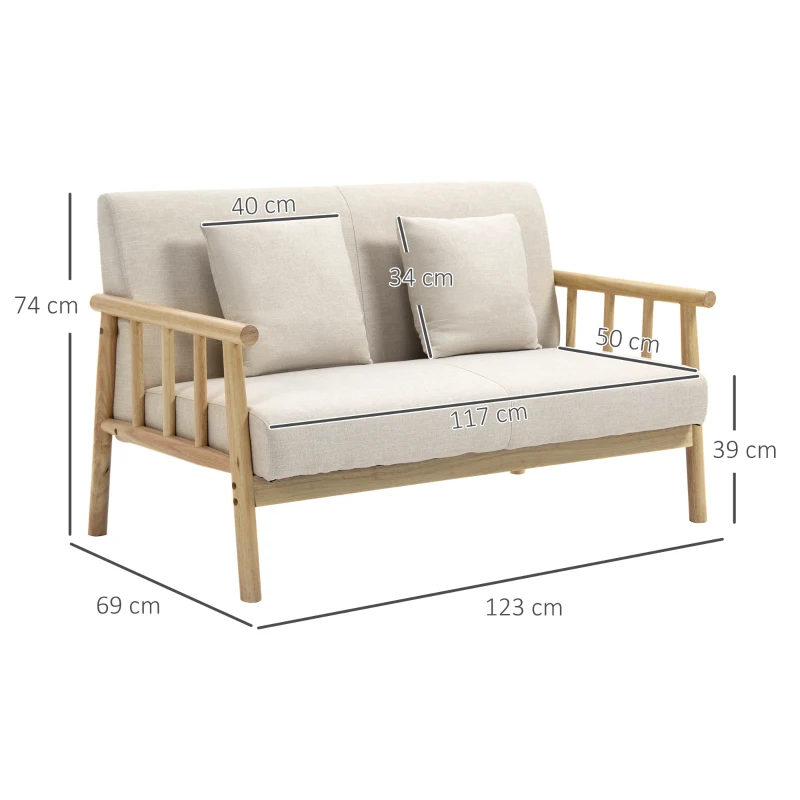 HOMCOM Canapea 2 locuri, husă cu aspect de in, compactă, până la 200 kg, cadru din lemn, 123L x 69B x 74H cm, Bej