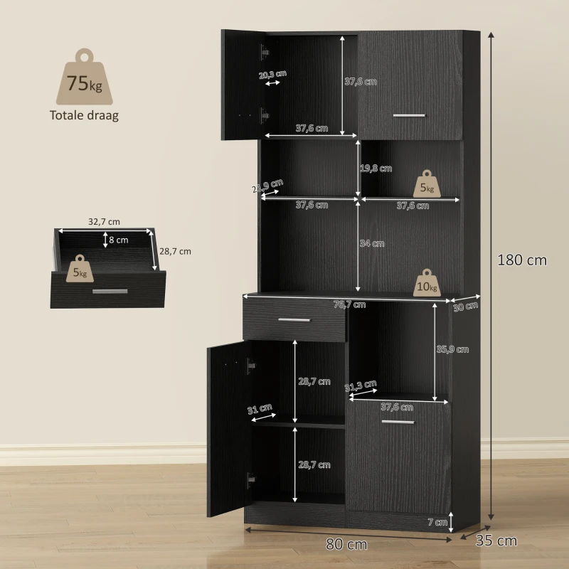 HOMCOM Keukenkast buffetskast met lade soft-close 80x35x180 cm zwart(m-3)