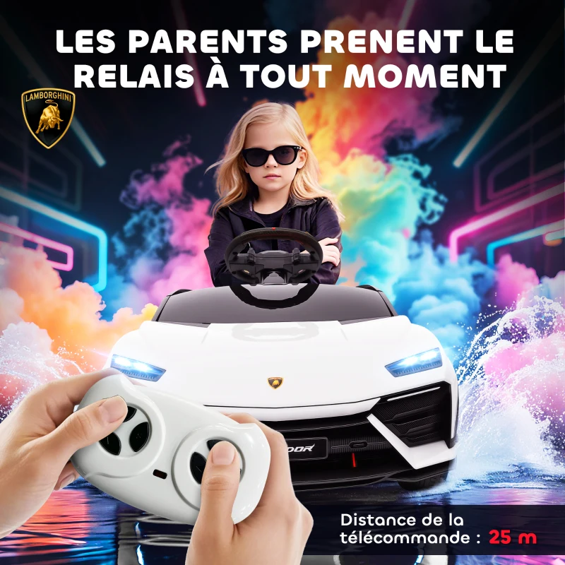 AIYAPLAY Voiture électrique enfant véhicule électrique Lamborghini 12V télécommande 2,4G et 2 moteurs vitesse max. 4 km/h blanc