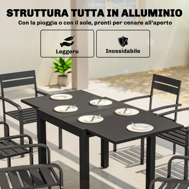 Outsunny Tavolo da Giardino a Doghe Allungabile per 4-6 Persone, in Alluminio, 80-160x80x75 cm, Nero