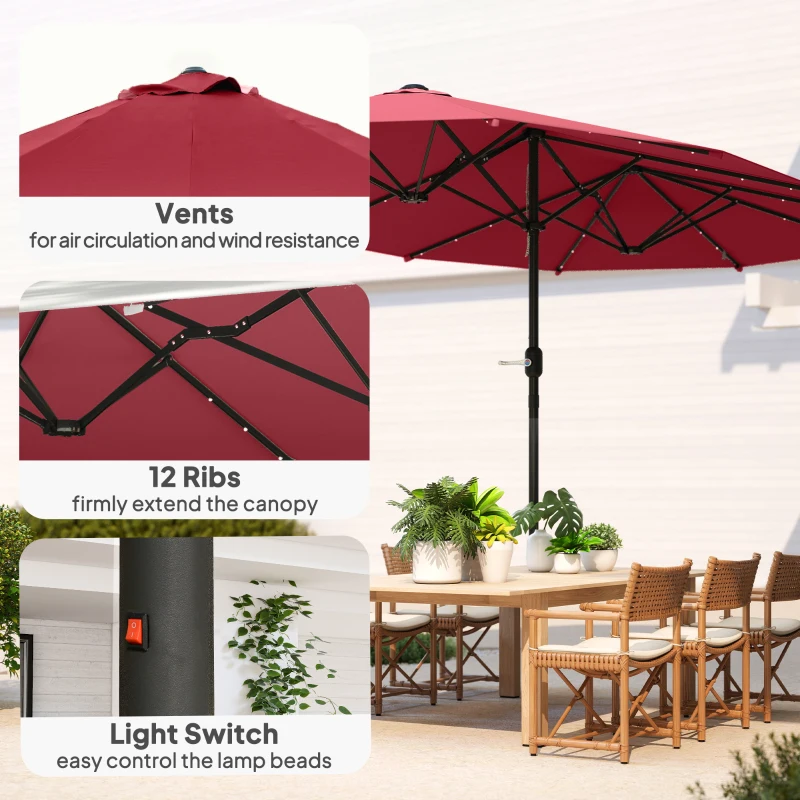 Outsunny 4.4m Double-Sided Sun Umbrella Patio Parasol LED Solar Lights Red