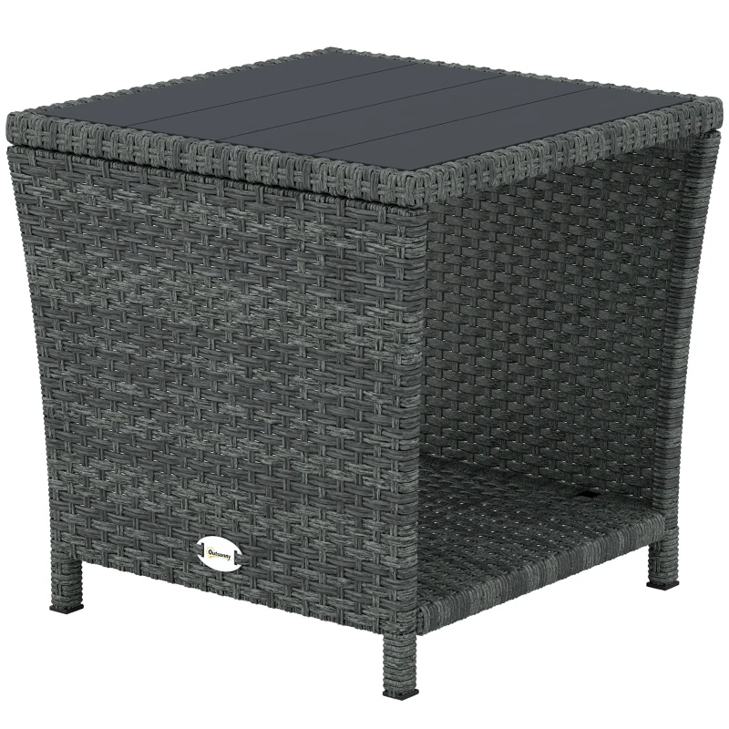 Outsunny Side Table 2-Tier Outdoor Coffee Table with Storage Shelf PS Wood Slat Top/Grey